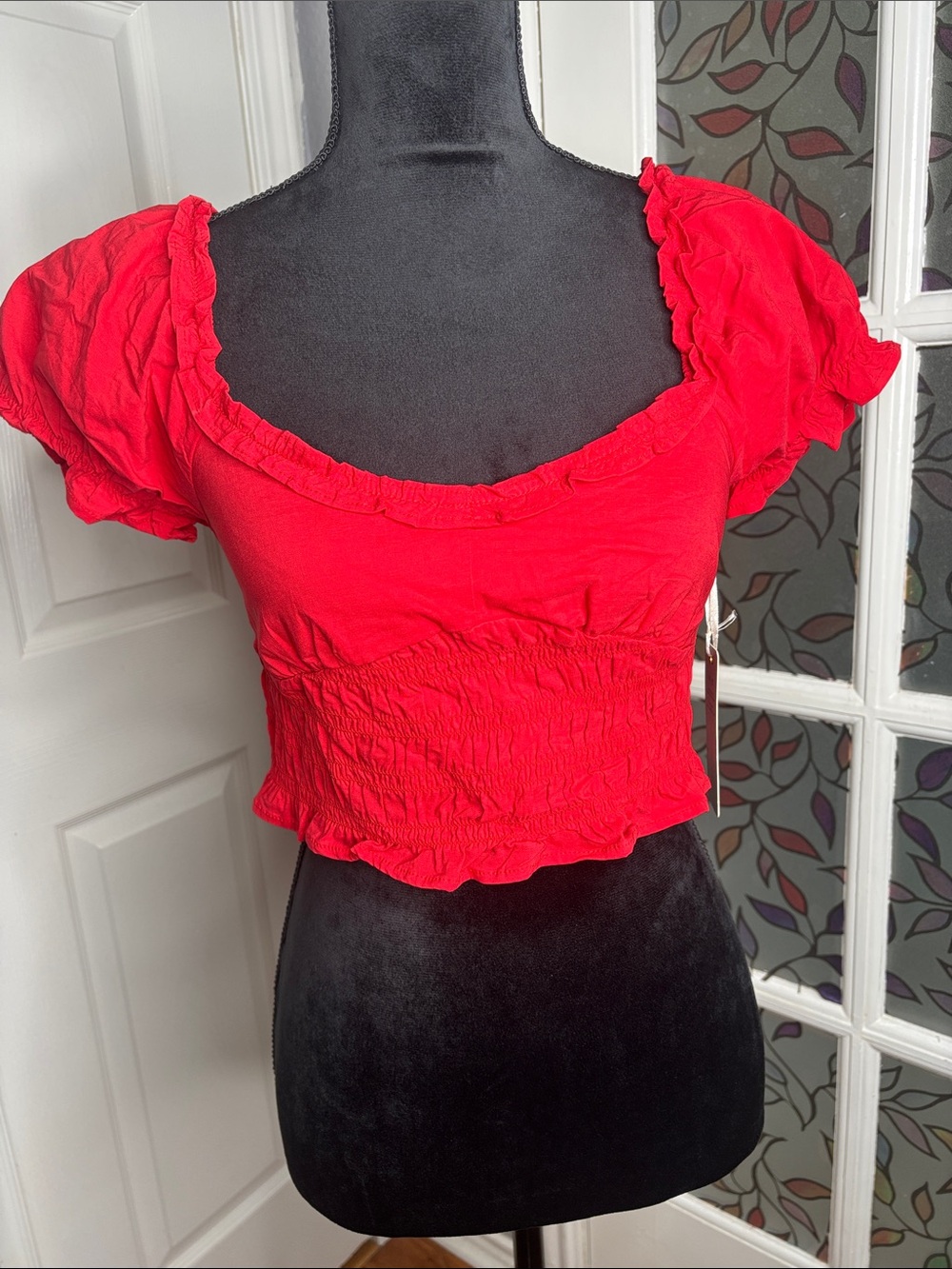 iris Red Smocked Ruffle Crop Top